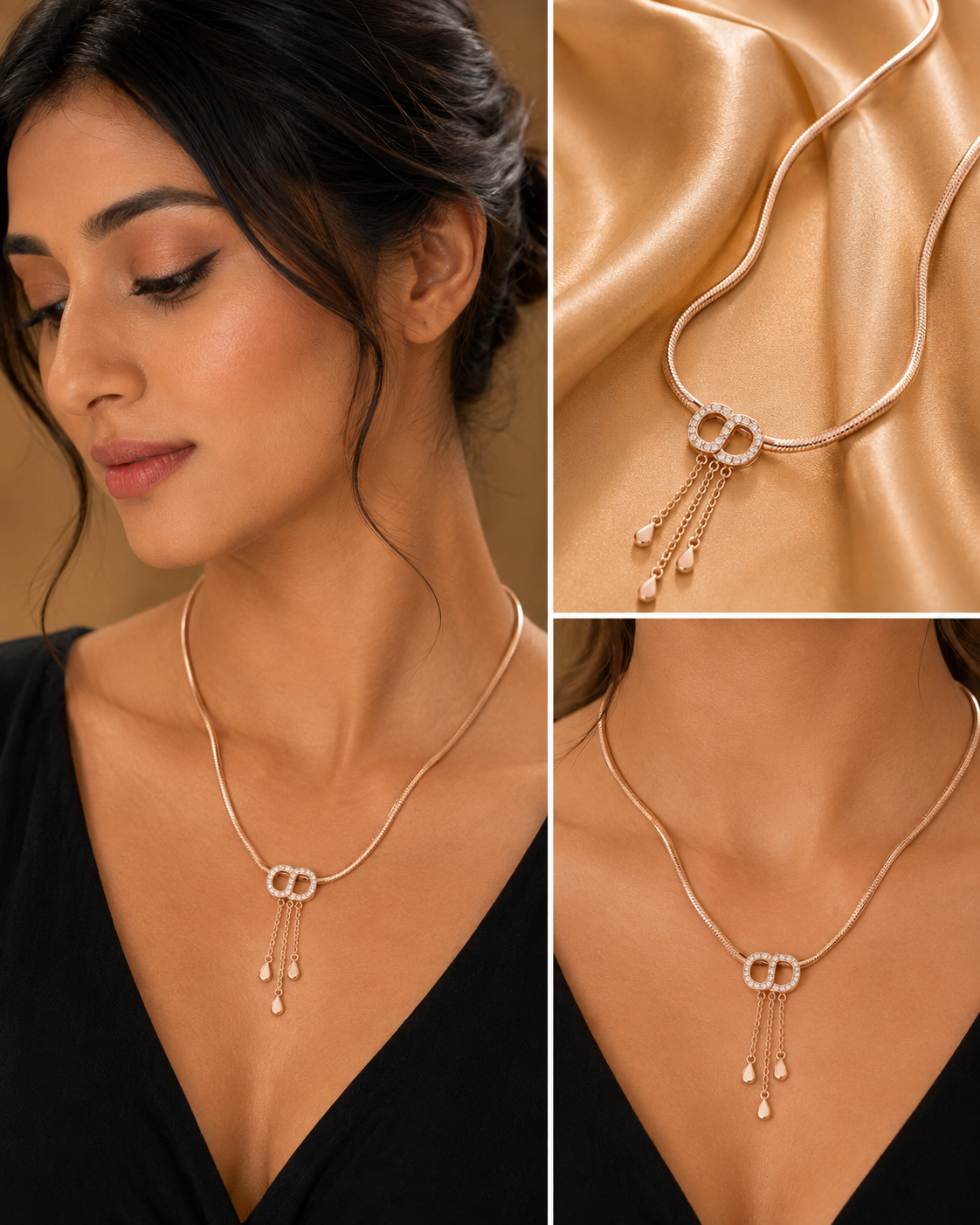 Rose-Gold Crystal Buckle Tassel Necklace